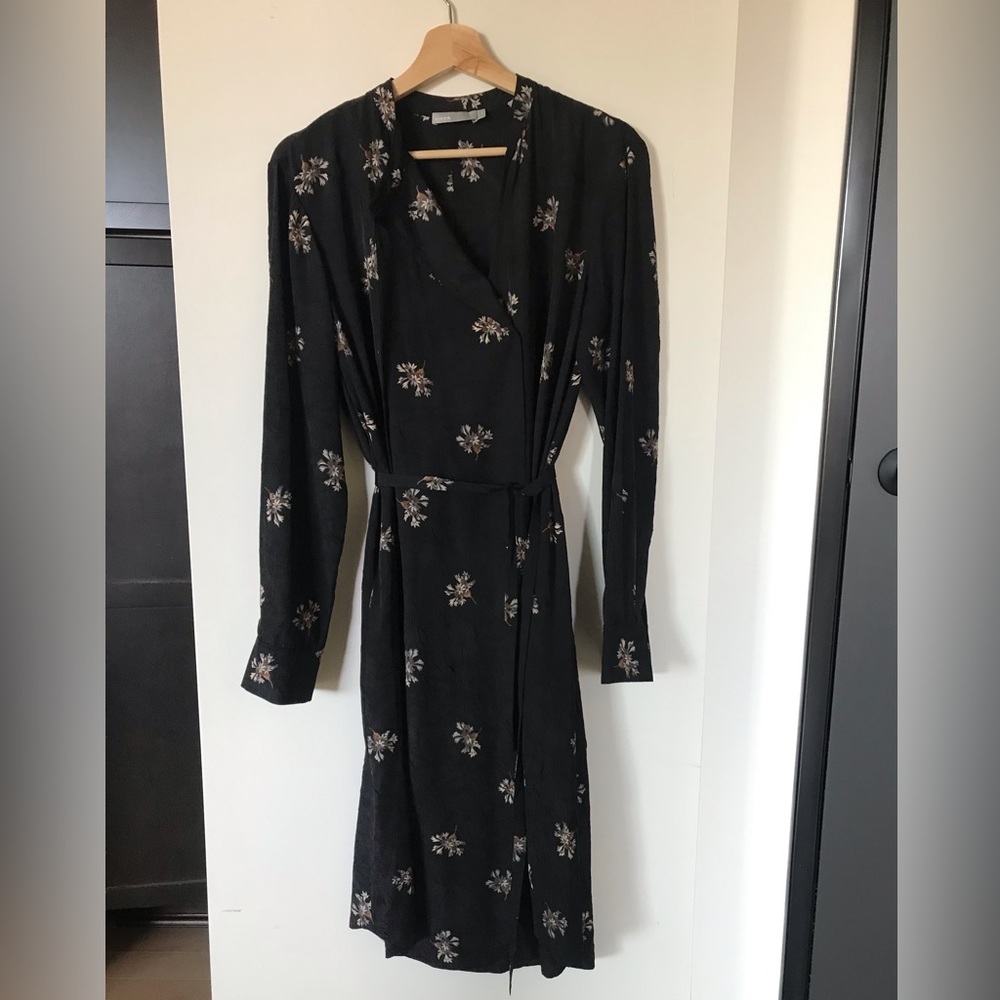 Vince asymmetric wrap dress in black floral pattern